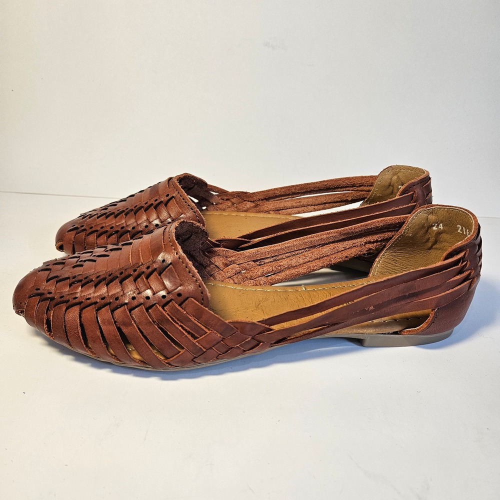 Macarena Collection Brown Leather Huarache Sandals Woven Flats Mexican Shoes 7M